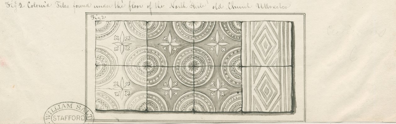 Uttoxeter Kerk - Gekleurde tegels gevonden onder de vloer van het noordelijke schip: pen en was tekening, nd [?midden 19e eeuw] door John Robert Fernyhough