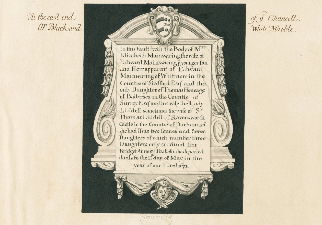 Whitmore Kerk - Tablet voor Mevrouw Elizabeth Mainwaring door John Robert Fernyhough