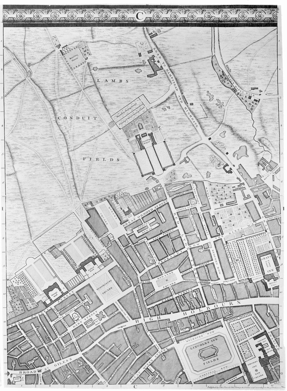 Een kaart van Bloomsbury en Holborn, Londen, 1746 door John Rocque