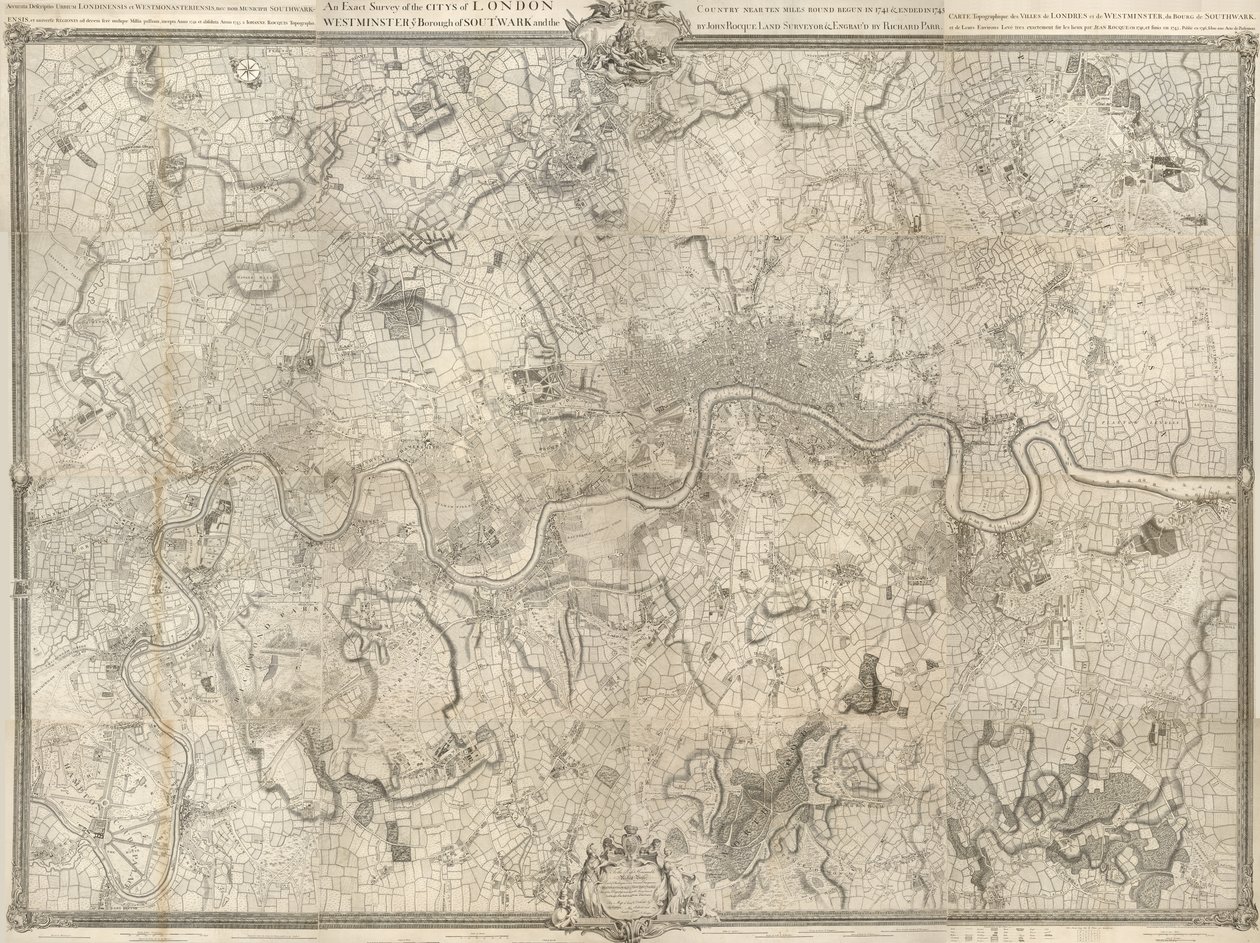 Een 18e-eeuwse kaart van Londen. Een exacte kaart van de steden Londen, Westminster, het district Southwark en het land binnen tien mijl eromheen begonnen in 1741 en geëindigd in 1745 / door John Rocque landmeter & (gegraveerd) door Richard Parr. door John Rocque