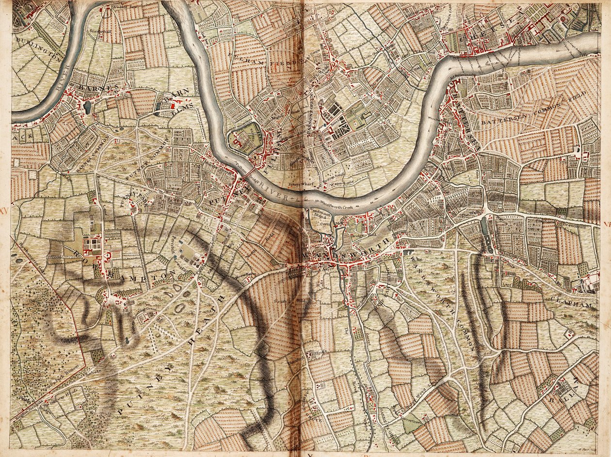Kaart van Barnes, Battersea, Putney en Wandsworth door John Rocque