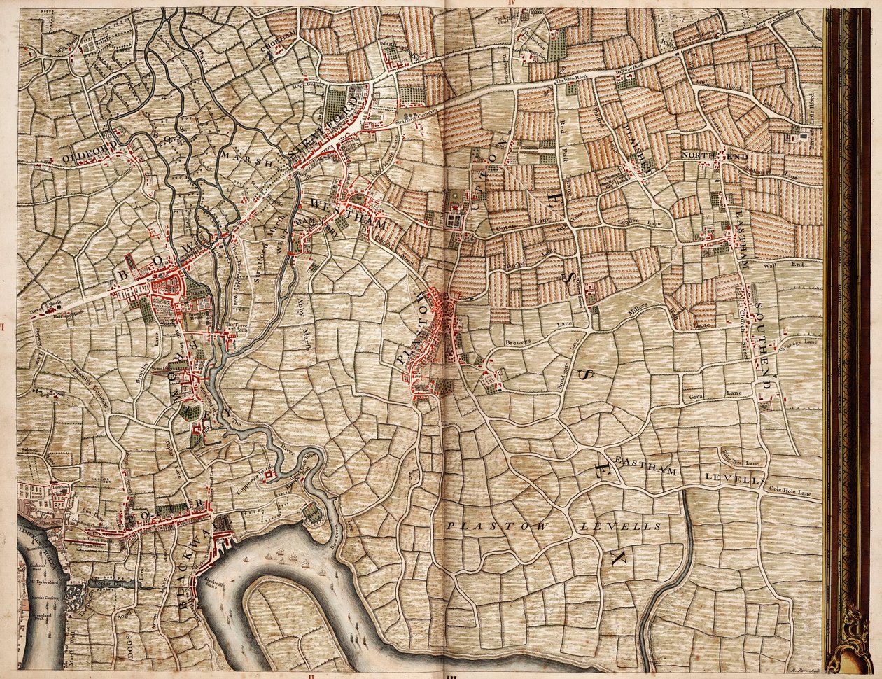 Kaart van Bow, Stratford, Blackwall en Plaistow door John Rocque