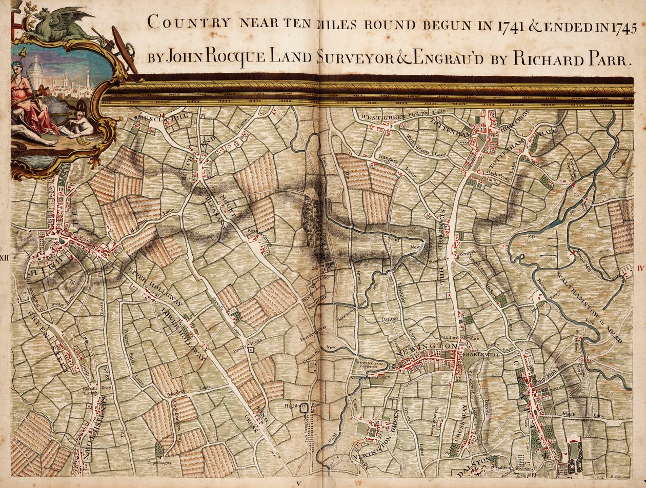 Kaart van Highgate, Kentish Town, Holloway, Tottenham en Newington door John Rocque