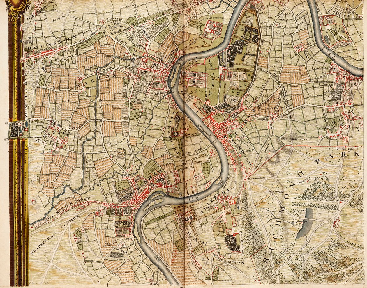 Kaart van Hounslow, Twickenham en Richmond door John Rocque