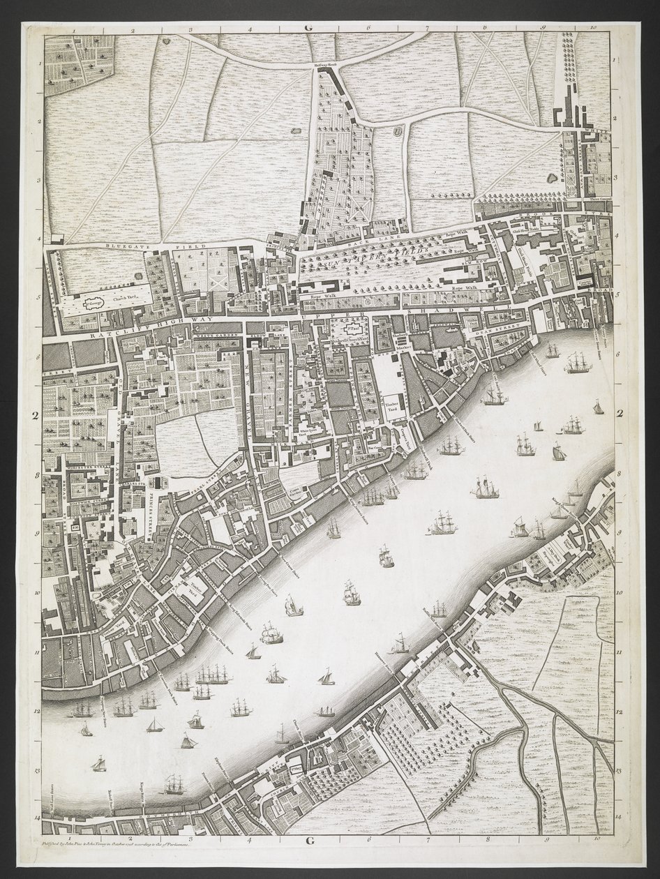 Plan van Londen, Ratcliff highway, Upper Shadwell road, Een plan van de steden Londen en Westminster, en het stadsdeel Southwark; Met de aangrenzende gebouwen; Van een daadwerkelijke survey, genomen door JOHN ROCQUE, Land-Surveyor, en gegraveerd door John  door John Rocque