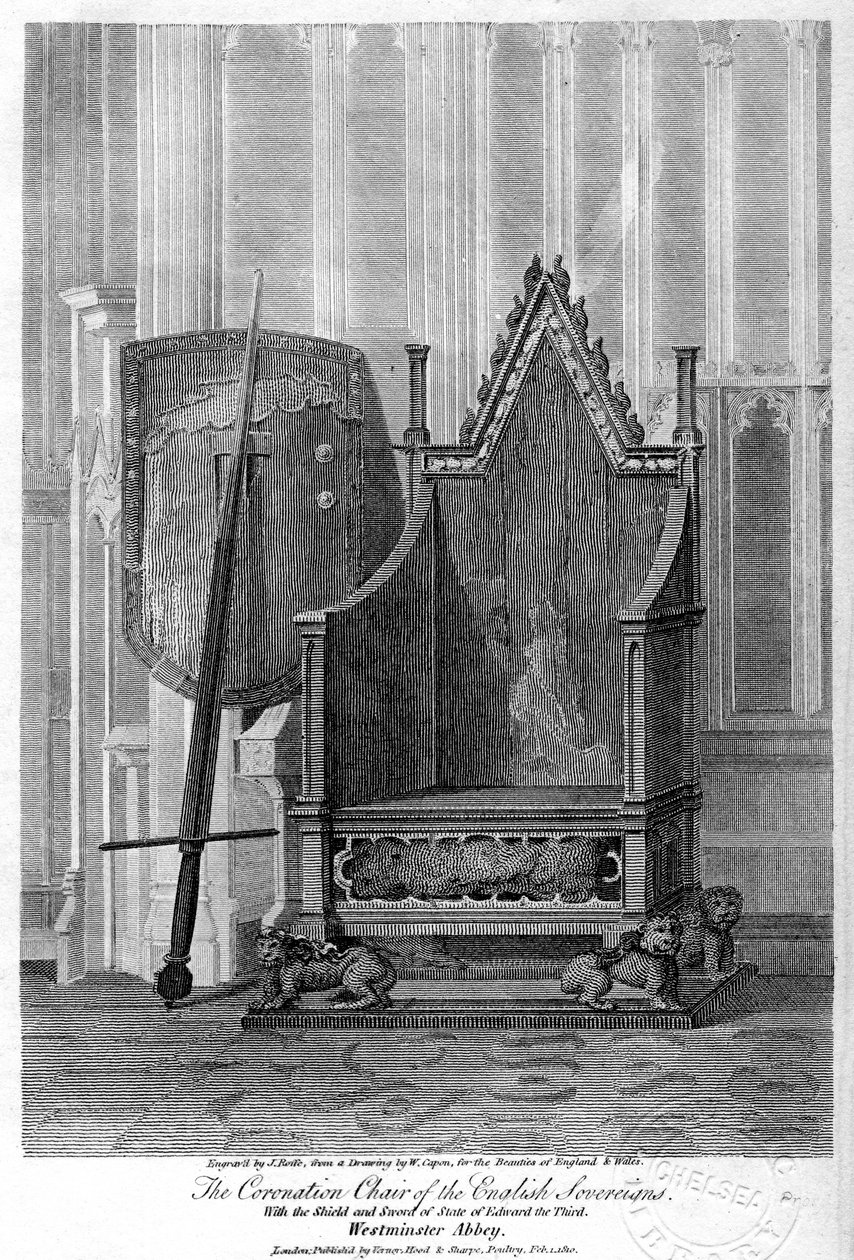 De kroningsstoel van de Engelse vorsten, Westminster Abbey, Londen, 1810 door John Roffe