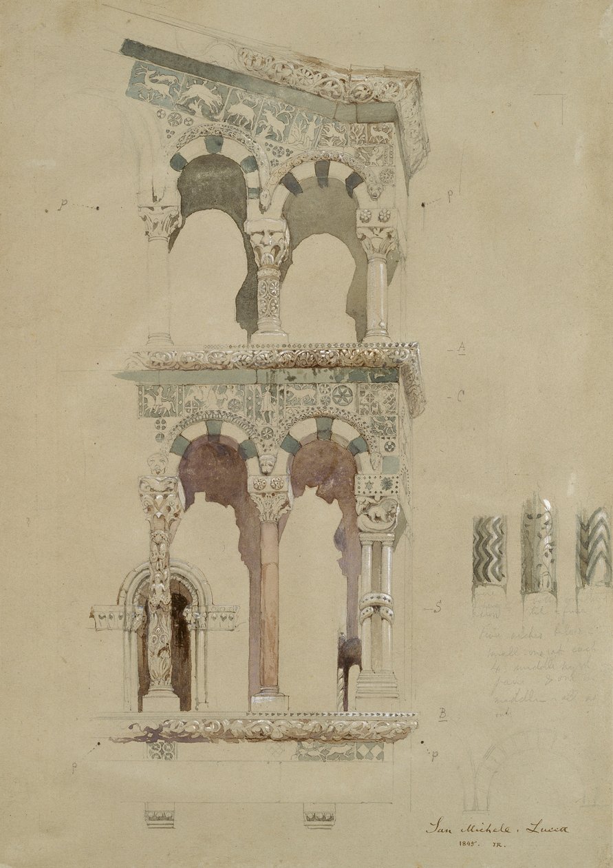 Deel van de gevel van de verwoeste kerk van San Michele in Foro, Lucca, zoals het verscheen in 1845 door John Ruskin