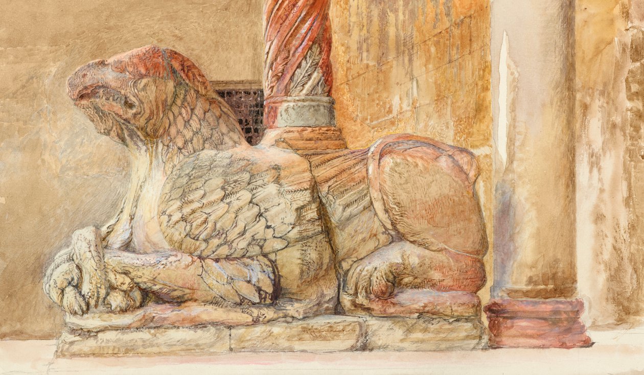 De griffioen die de noordelijke schacht van de westelijke ingang van de Duomo, Verona draagt door John Ruskin