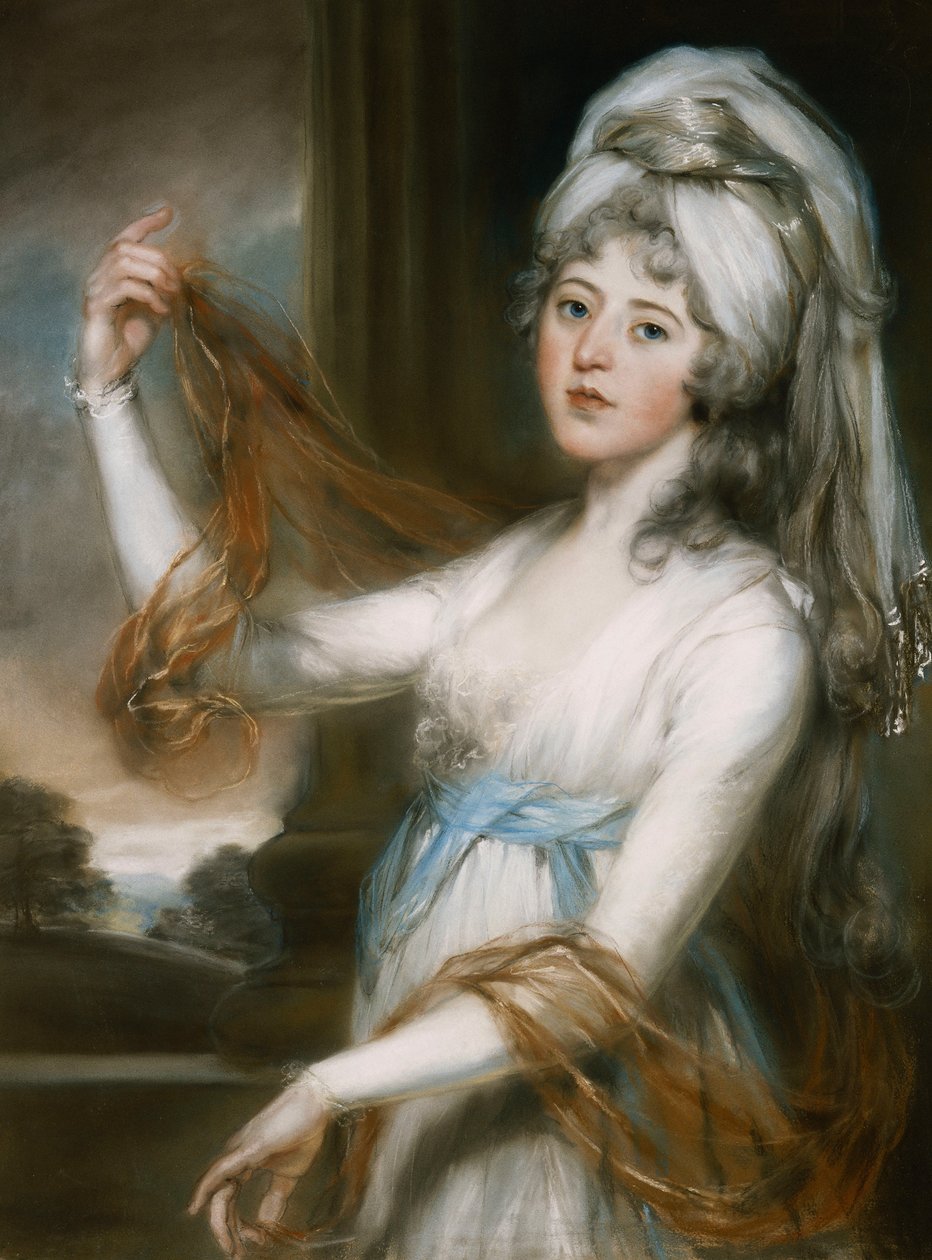 Portret van Sarah, vrouw van Walker King, Bisschop van Rochester, driekwart lengte, in een witte jurk met een blauwe sjerp door John Russell