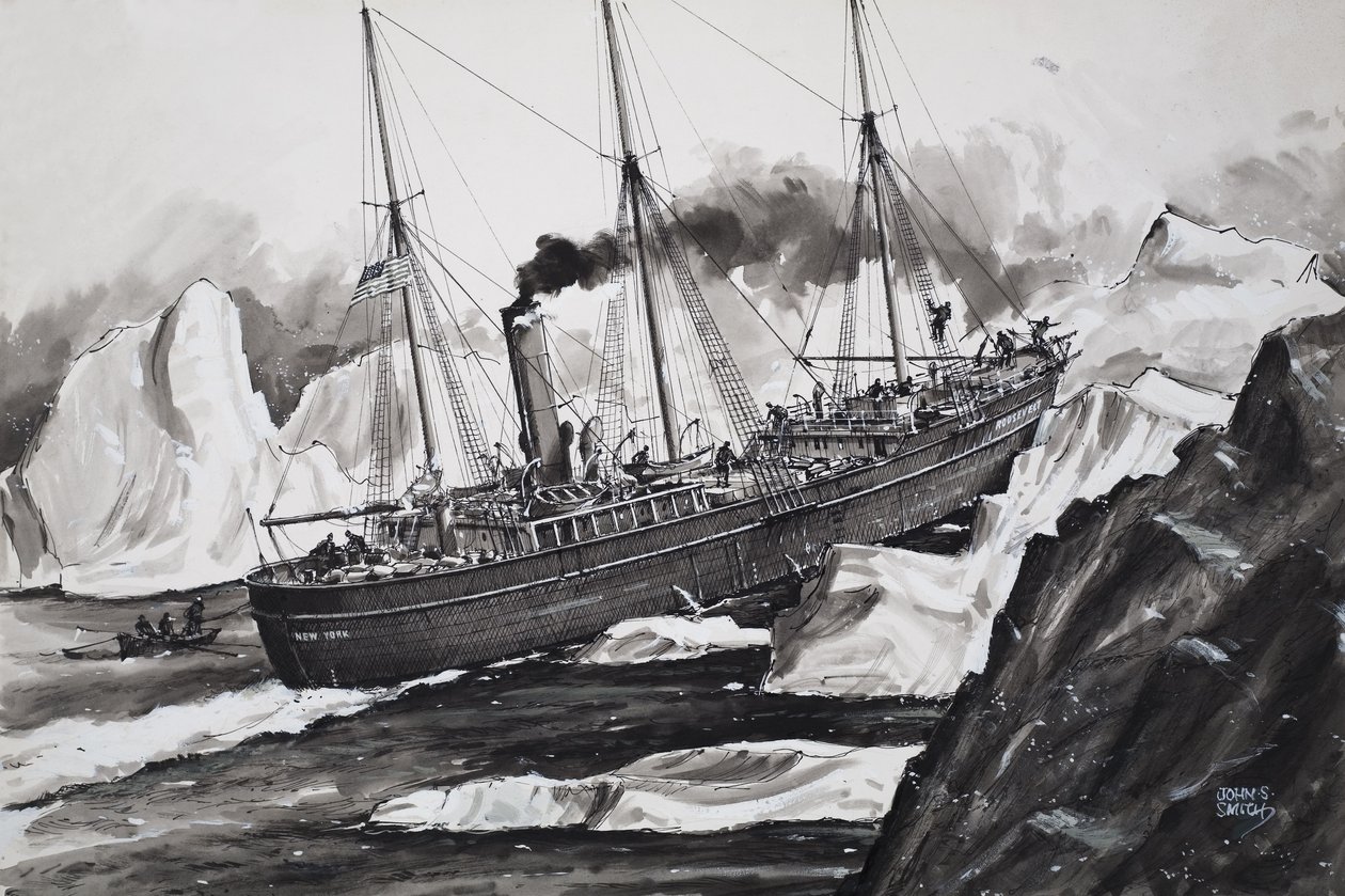 De Roosevelt smakt door ijs om bij de Noordpool te komen (gouache op papier) door John S. Smith
