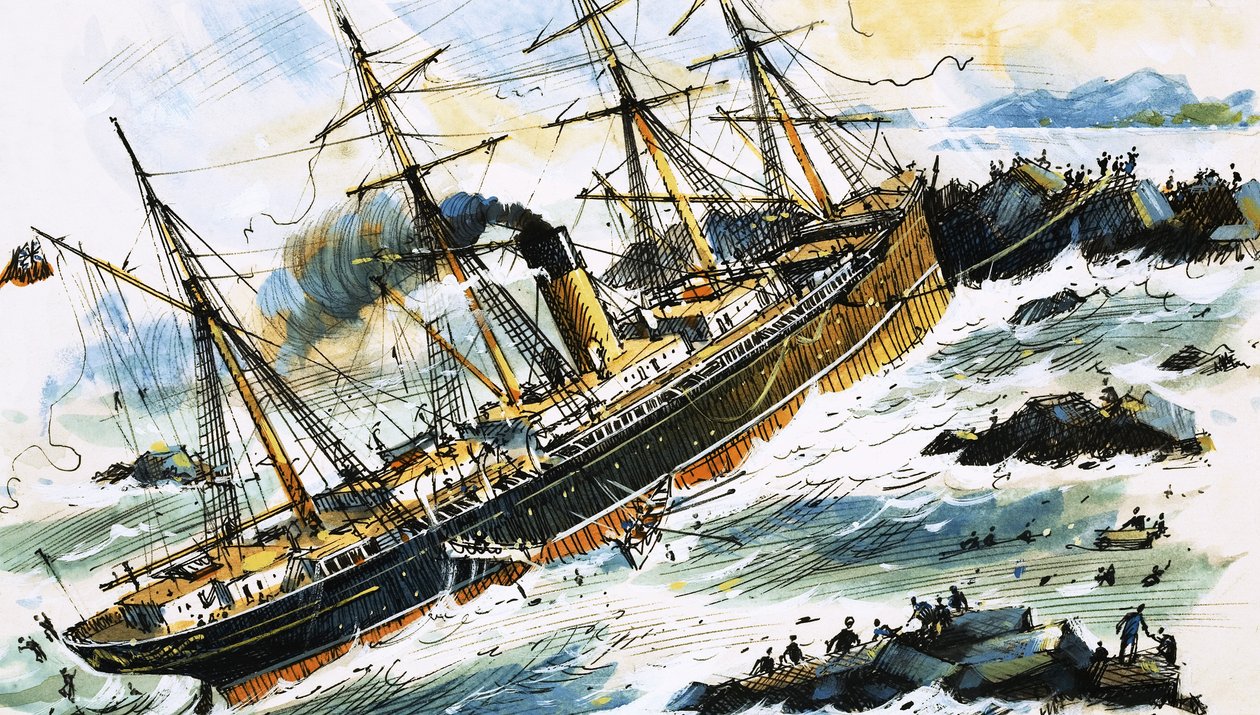 Ongeïdentificeerd stoomschip stort neer op rotsen door John S. Smith
