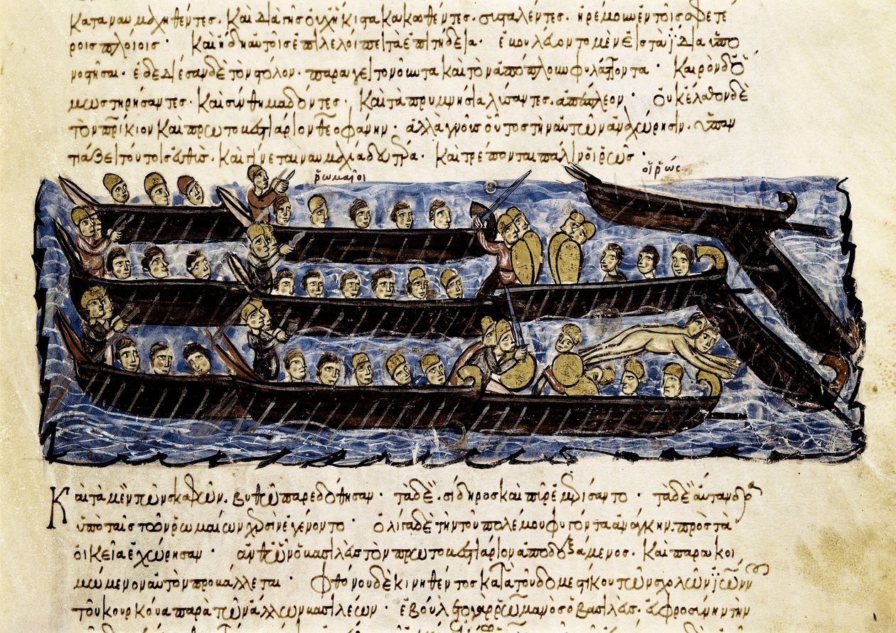 Een Russische vloot, miniatuur uit "Synopsis historiarum", ca.1126-1150 door John Scylitzes