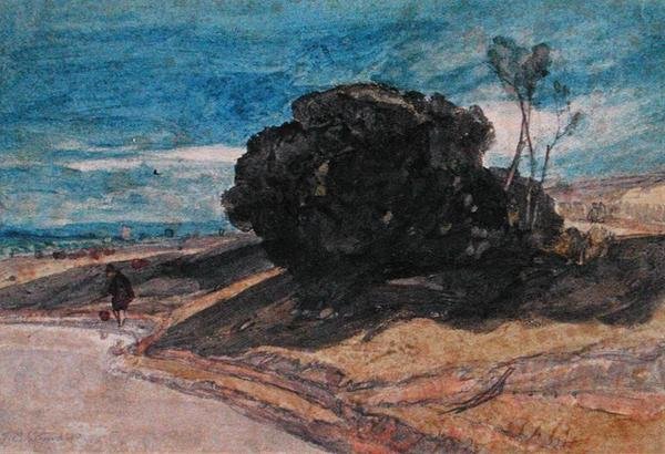 Een visser aan de oever van een rivier nabij een groep bomen door John Sell Cotman