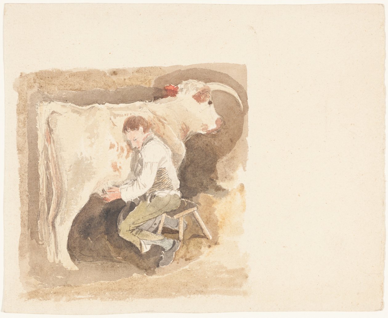 Jongen die een koe melkt door John Sell Cotman