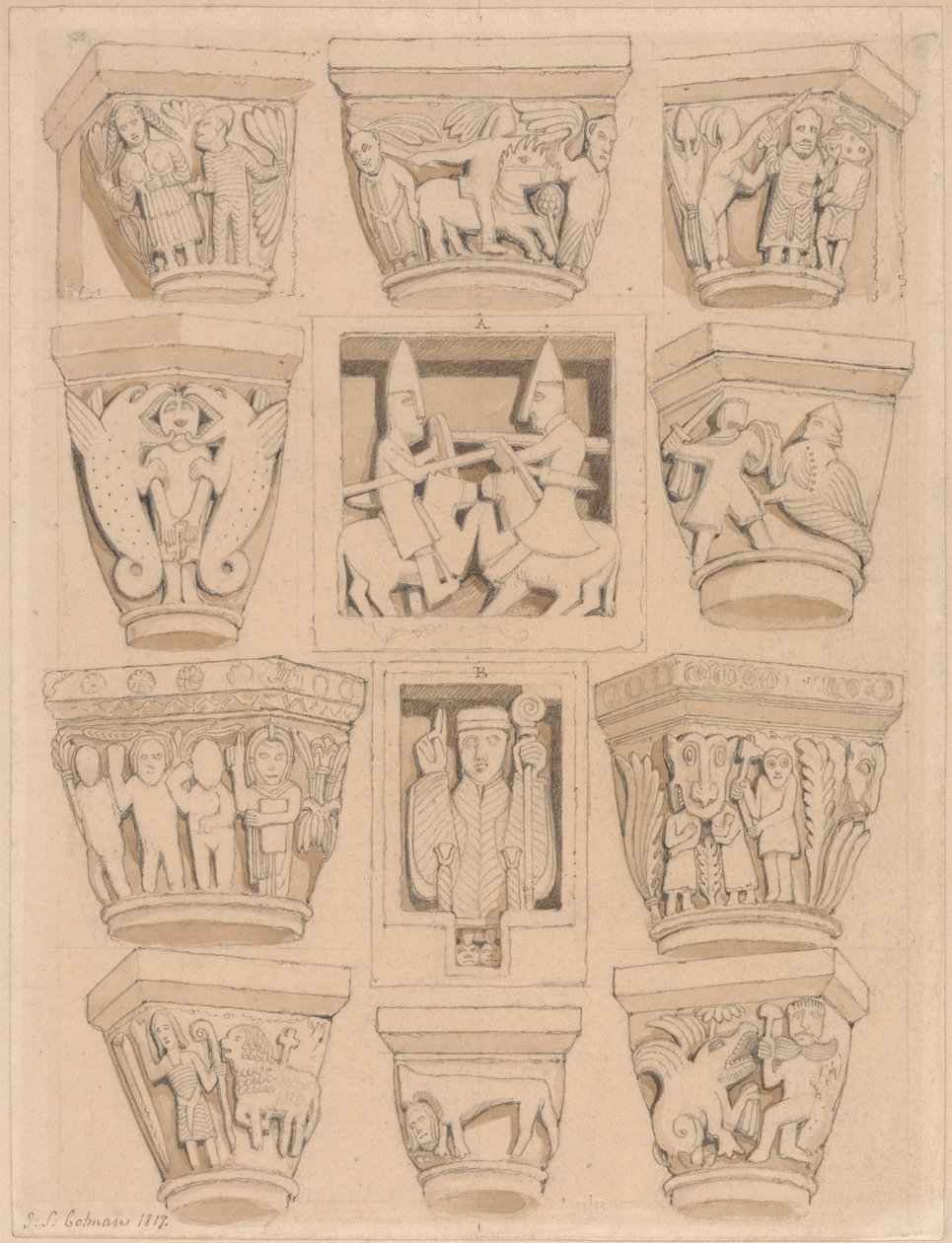 Kapitalen en A & B bas-reliëfs in de abdijkerk van Saint Georges de Bocherville, nabij Rouen, Normandië door John Sell Cotman