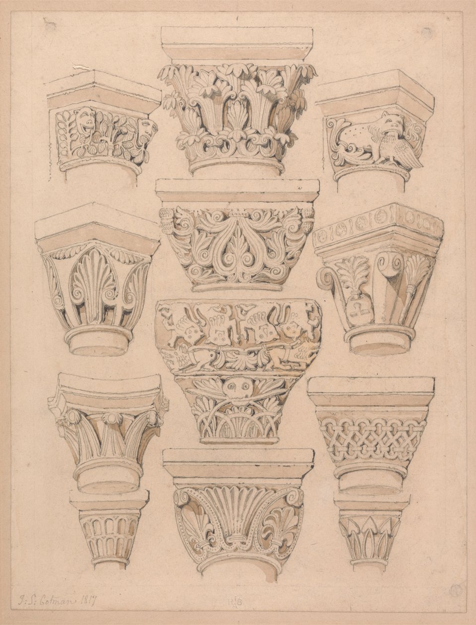 Kapitelen in de abdijkerk van St. Georges de Bocherville, bij Rouen, Normandië door John Sell Cotman