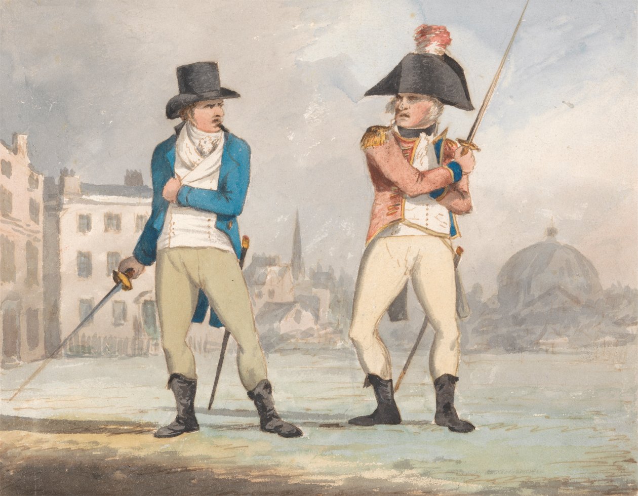 Karikatuur van Twee Mannen met Getrokken Zwaarden (Een van een Set van Drie) door John Sell Cotman