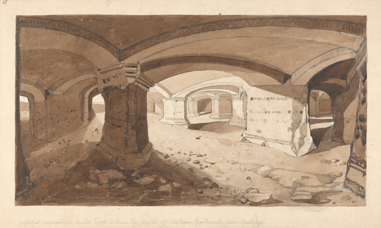 Grotten opgegraven in de rots binnen het kasteel van Chateau Gaillard, bij Andelys, Normandië door John Sell Cotman