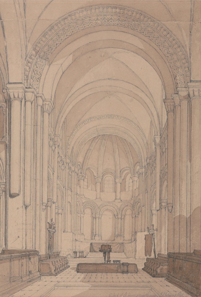 Oostkant van de abdijkerk van Saint-Georges de Boscherville, bij Rouen, Normandië door John Sell Cotman