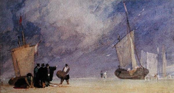 Figuren aan de kust lossen een boot bij eb door John Sell Cotman