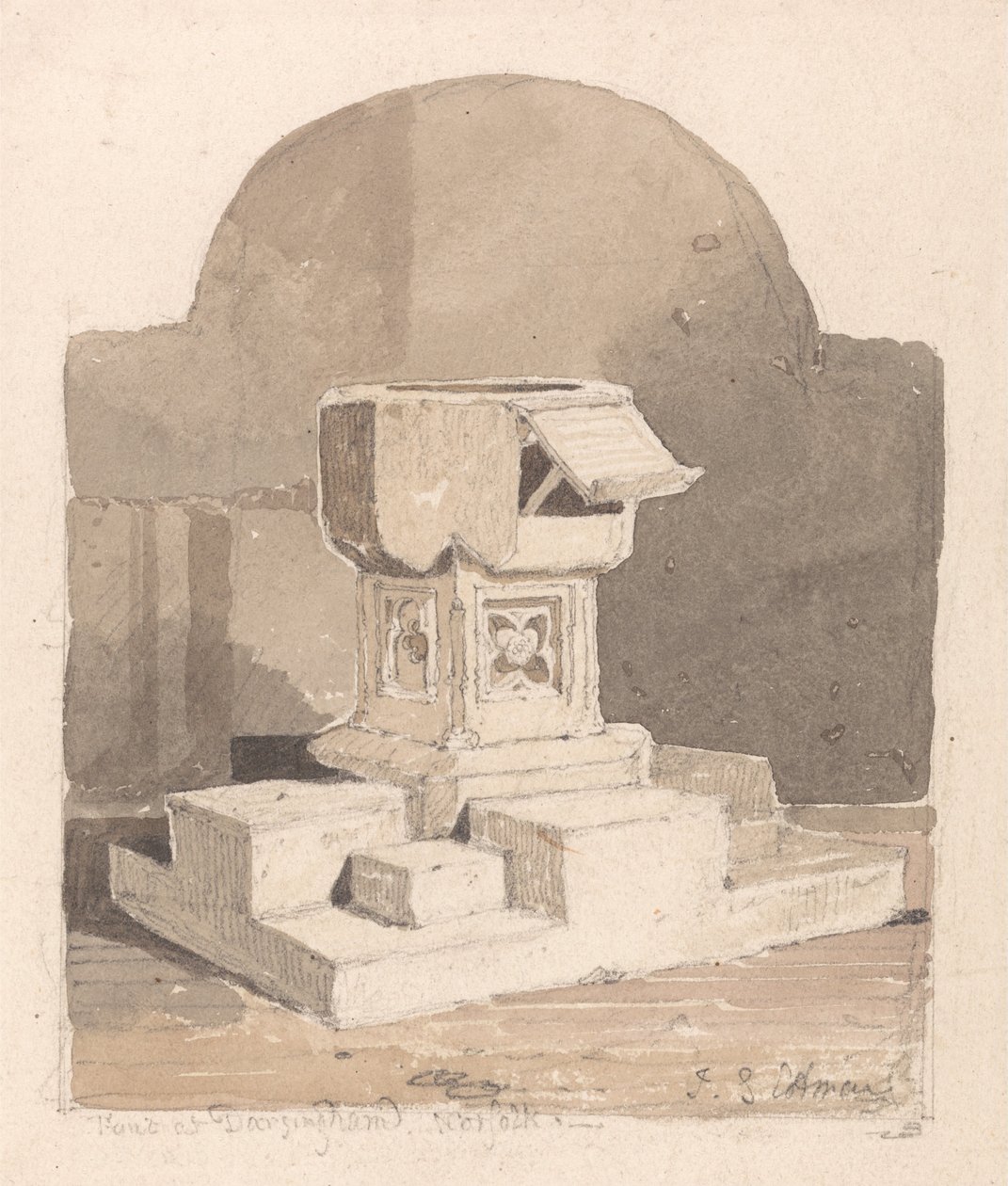 Doopvont in de kerk van Dersingham, Norfolk door John Sell Cotman