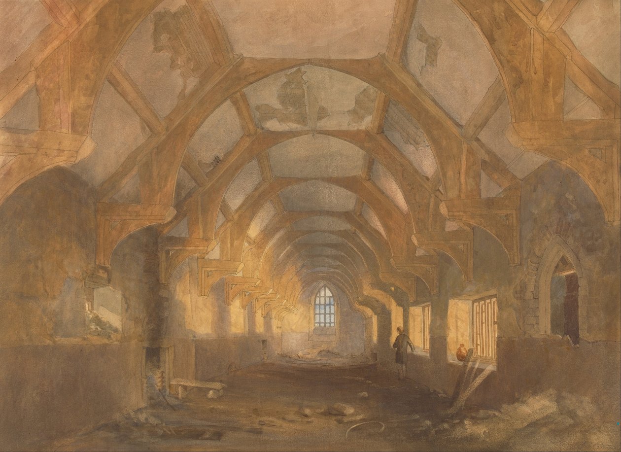 Interieur van een slaapzaal van de Ipswich Blackfriars aan het einde van de bezetting door de Ipswich School door John Sell Cotman