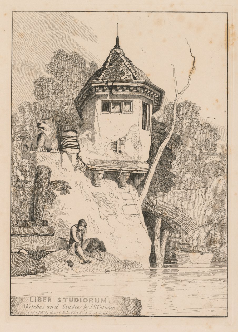 Liber Studiorum; Frontispice, Uitzicht op een tuinhuis aan de oevers van de rivier Yare door John Sell Cotman
