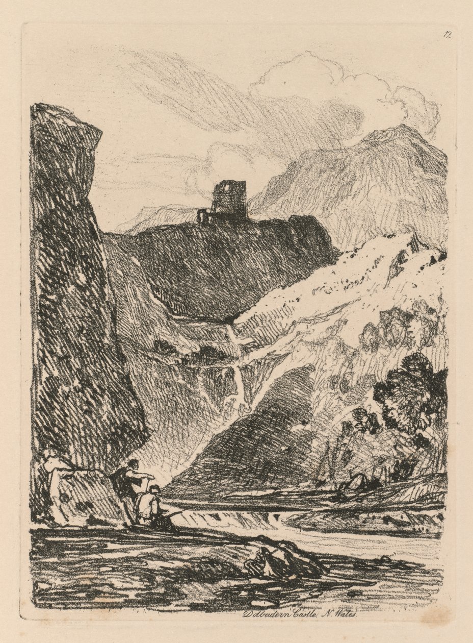 Liber Studiorum: Plaat 12, Dolbadern Castle, Llanberris Lake, Noord-Wales, 1838 door John Sell Cotman