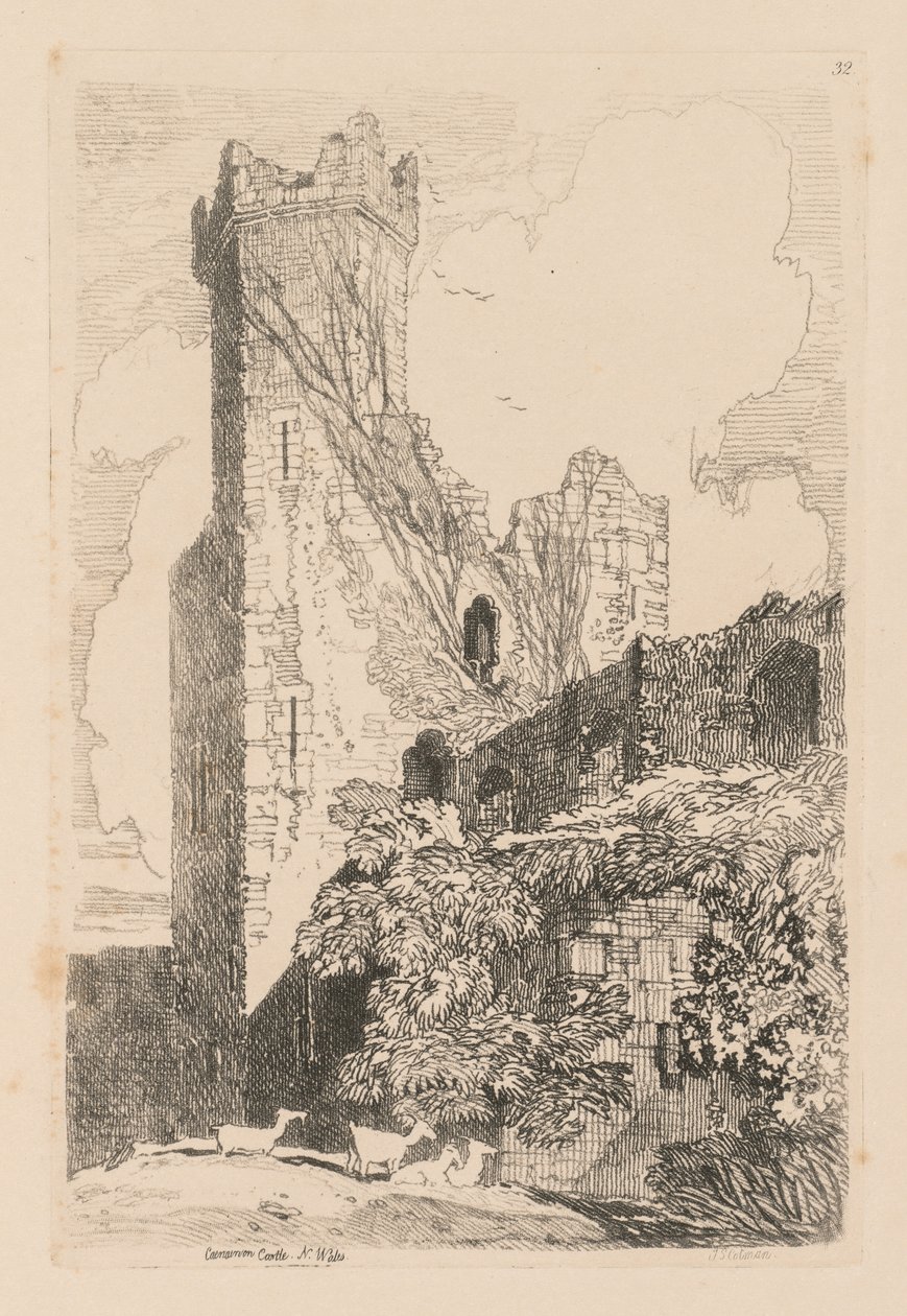 Liber Studiorum: Plaat 32, Caernarvon Castle, N. Wales door John Sell Cotman