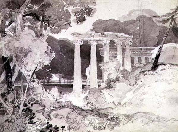 Klassieke Colonnade in een Bosrijk Landschap door John Sell Cotman