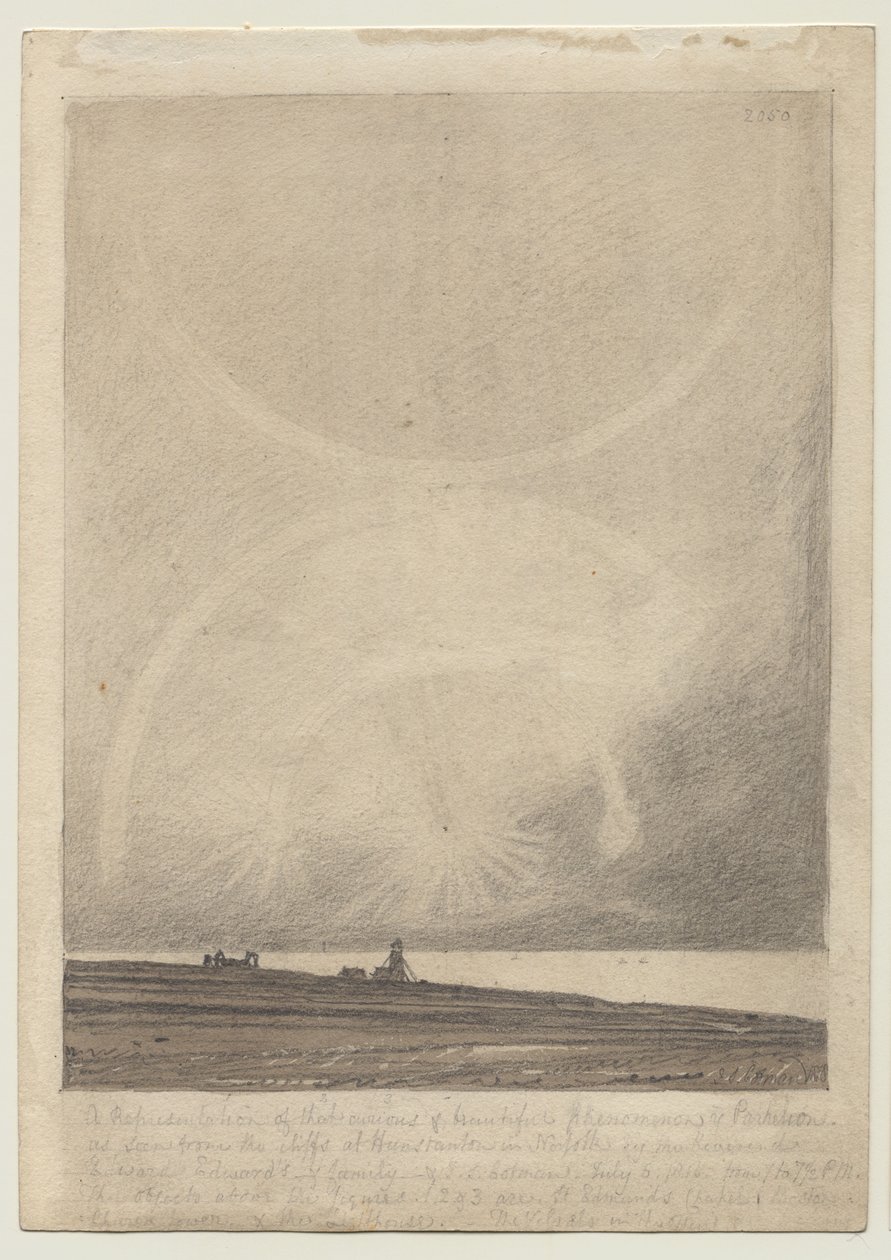 Recto: Een effect van parhelion gezien vanaf de vuurtoren van Hunstanton op 6 juli 1816 door John Sell Cotman