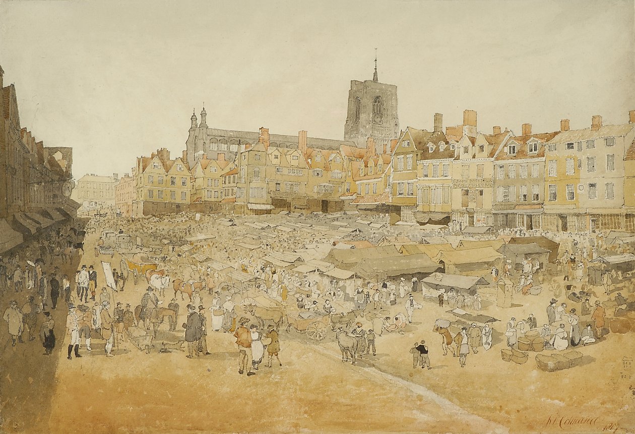 De Markt, Norwich, genomen vanaf Mr Coopers, 1807 door John Sell Cotman