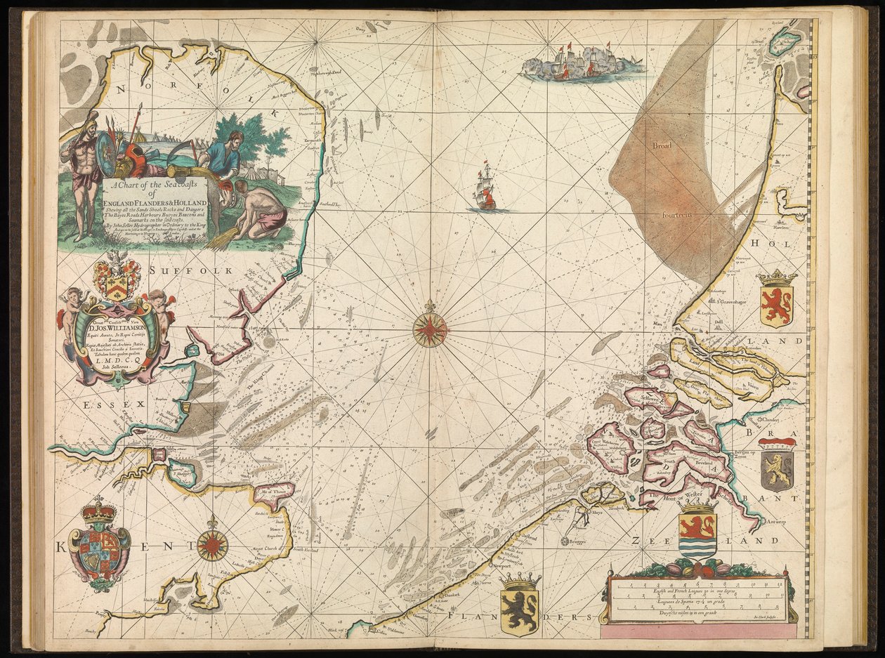Een kaart van de zeekusten van Engeland, Vlaanderen en Holland, c.1672 door John Seller