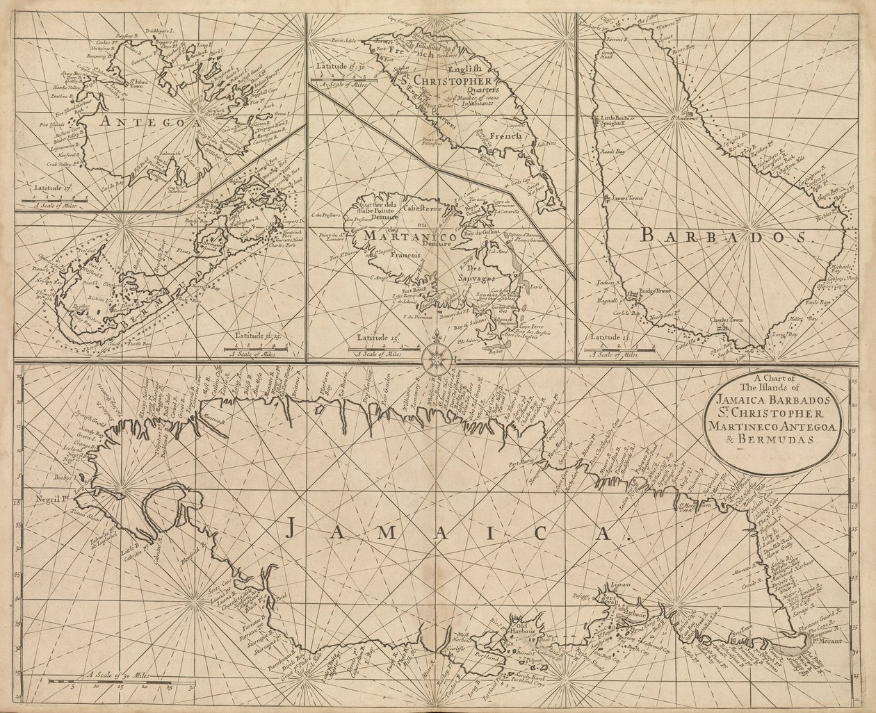 Kaart van Jamaica, Barbados, St. Christopher, Martinique, Antigua en Bermuda door John Seller