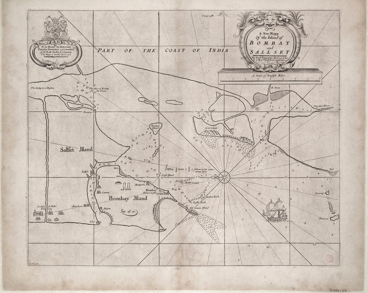 Kaart van Bombay en Sallset door Samuel Thornton, hydrographer van de Oost-Indische Compagnie, voor het eerst gepubliceerd circa 1685 door John Seller