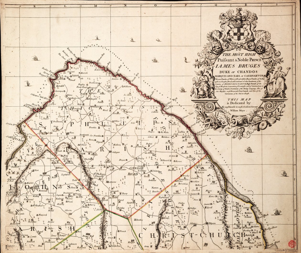 Een nieuwe en exacte kaart van het eiland Barbados in Amerika volgens onderzoek gedaan in de jaren 1717 tot 1721 door William Mayo door John Senex