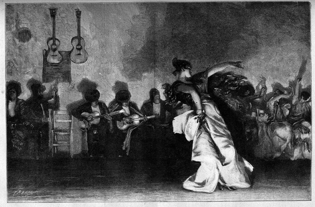 El Jaleo - Zigeunerdansen. Gitaristen en flamencodanseres. Gravure naar het schilderij van John Singer Sargent (1856-1925) in 