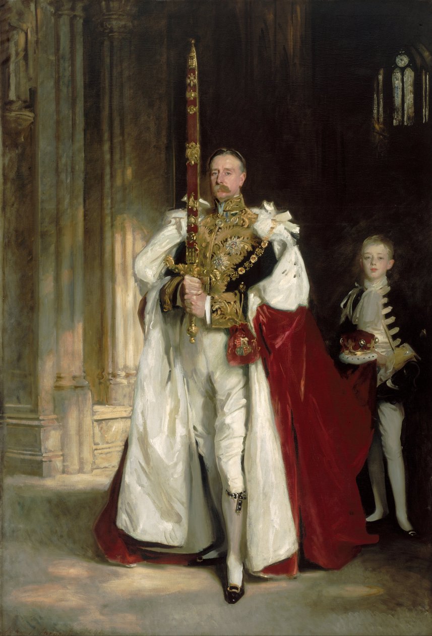 Charles Stewart, zesde markies van Londonderry, draagt het Grote Staatszwaard bij de kroning van koning Edward VII, augustus 1902, en de heer W. C. Beaumont, zijn page bij die gelegenheid door John Singer Sargent