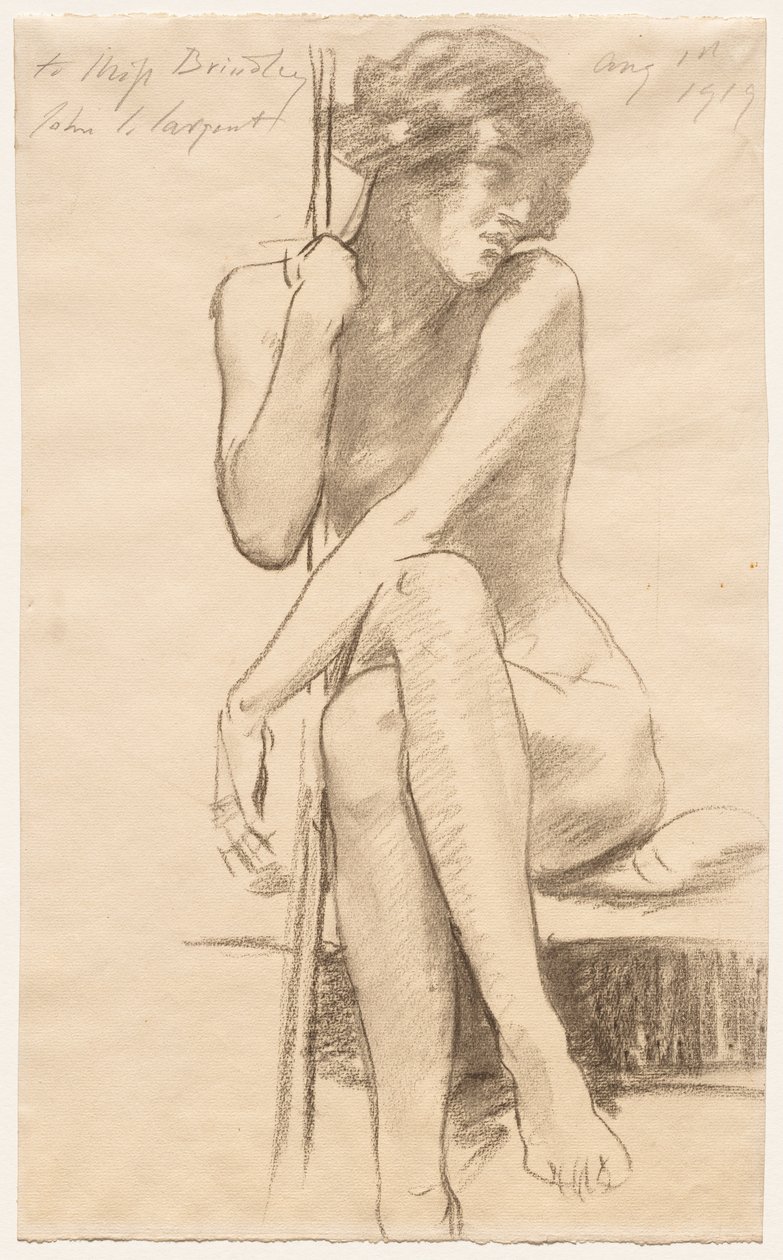 Zittend vrouwelijk naakt op een laag bankje door John Singer Sargent