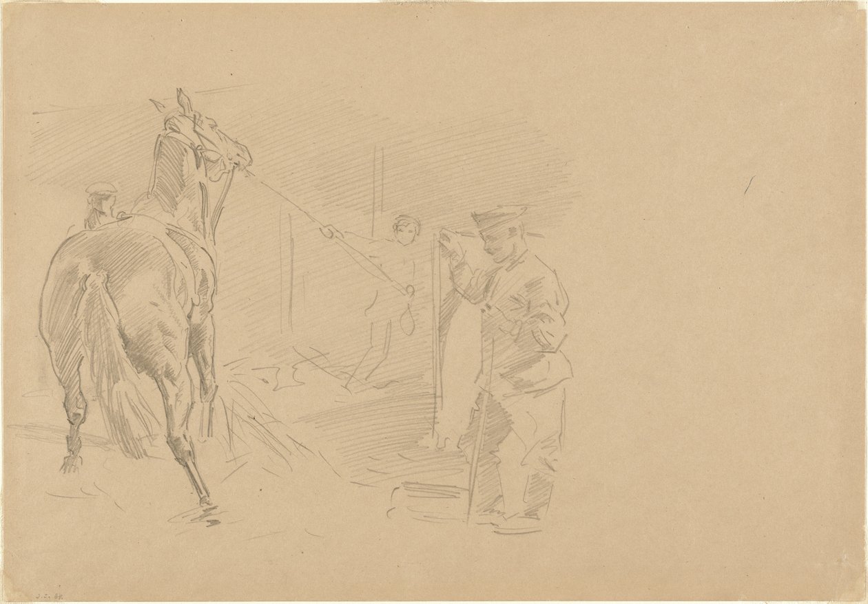 Man trekt een paard in een stal door John Singer Sargent