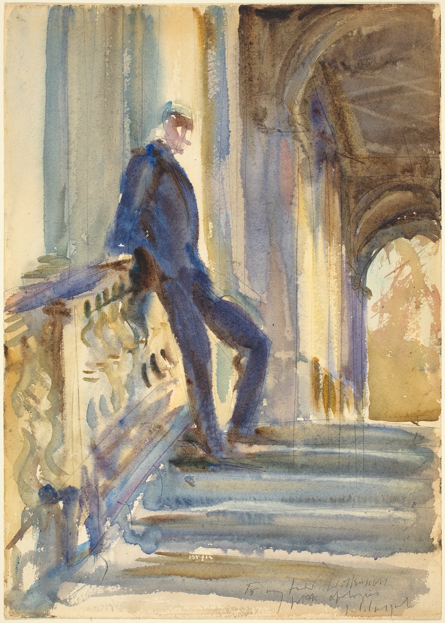 Sir Neville Wilkinson op de trappen van de Palladiaanse brug bij Wilton House, 1904-5 door John Singer Sargent