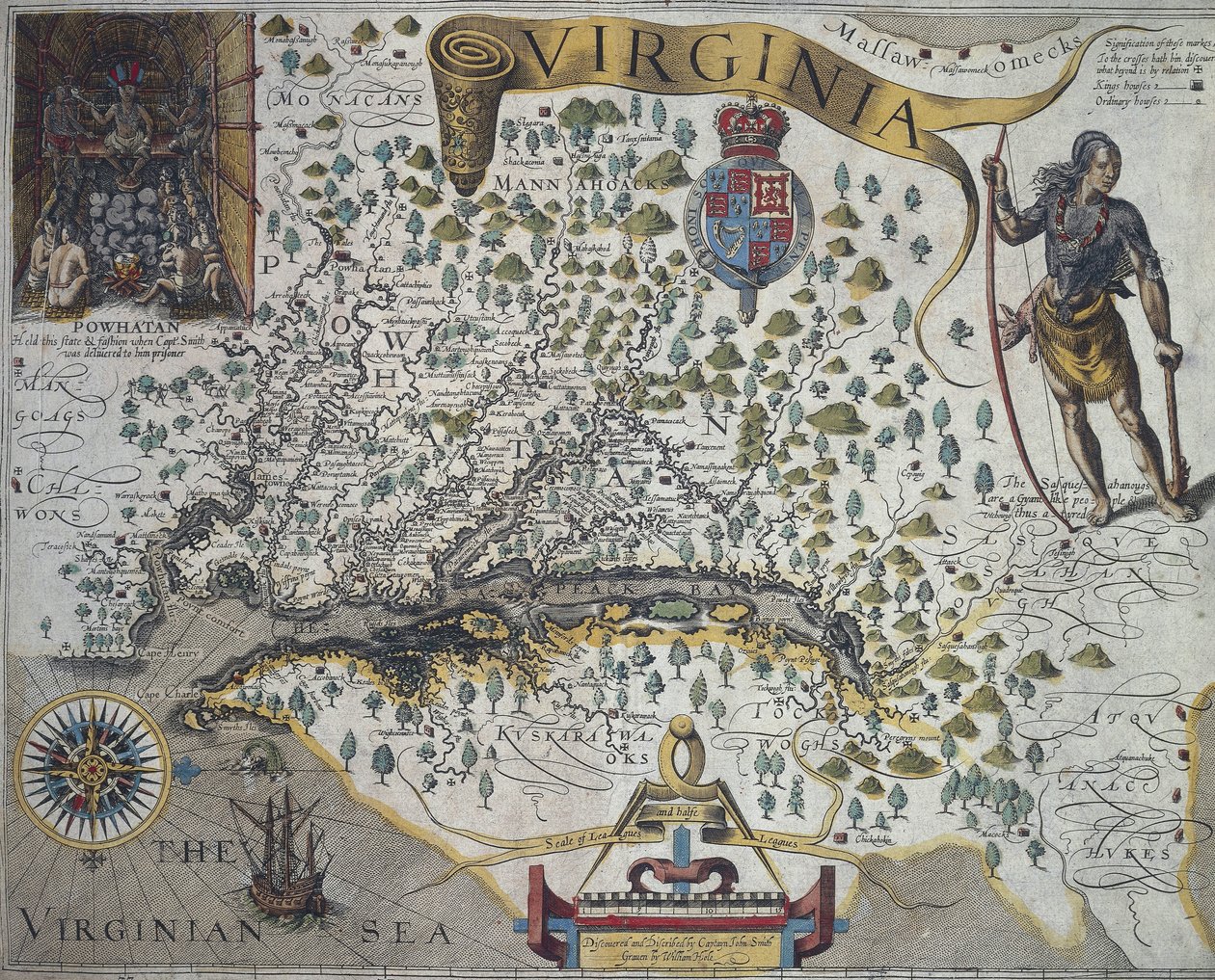 Kaart van Virginia: Inzet (linksboven) toont interieur van de hut van Indiaanse hoofdman Powathan door John Smith