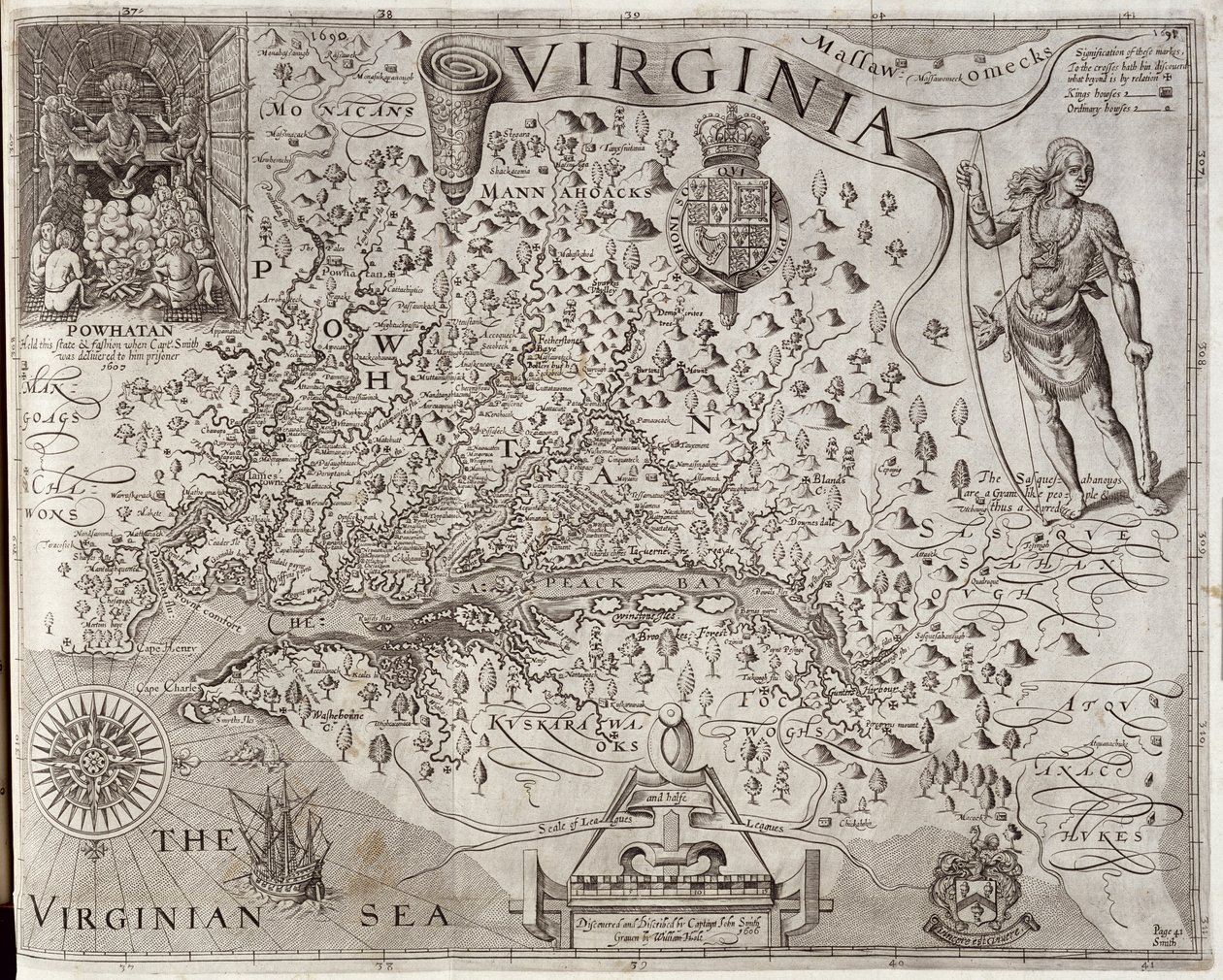 Kaart van Virginia, ontdekt en beschreven door Kapitein John Smith, gegraveerd door William Hole, gepubliceerd in 1612 door John Smith 2