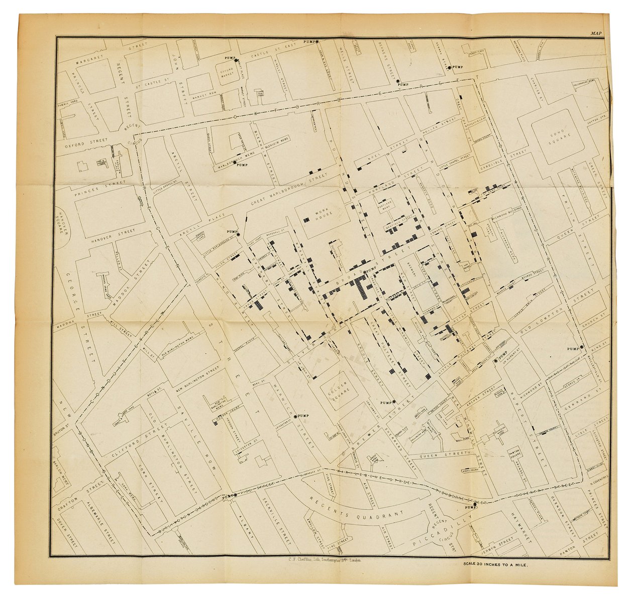 Een kaart uit "Over de wijze van communicatie van cholera", 1855 door John Snow