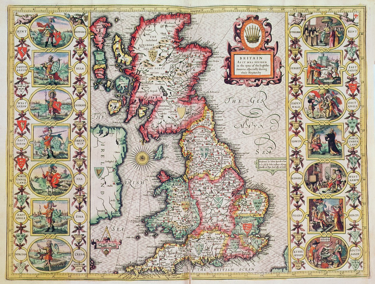 Britannië zoals het was verdeeld in de tijd van de Engelse Saksen, vooral tijdens hun Heptarchie door John Speed