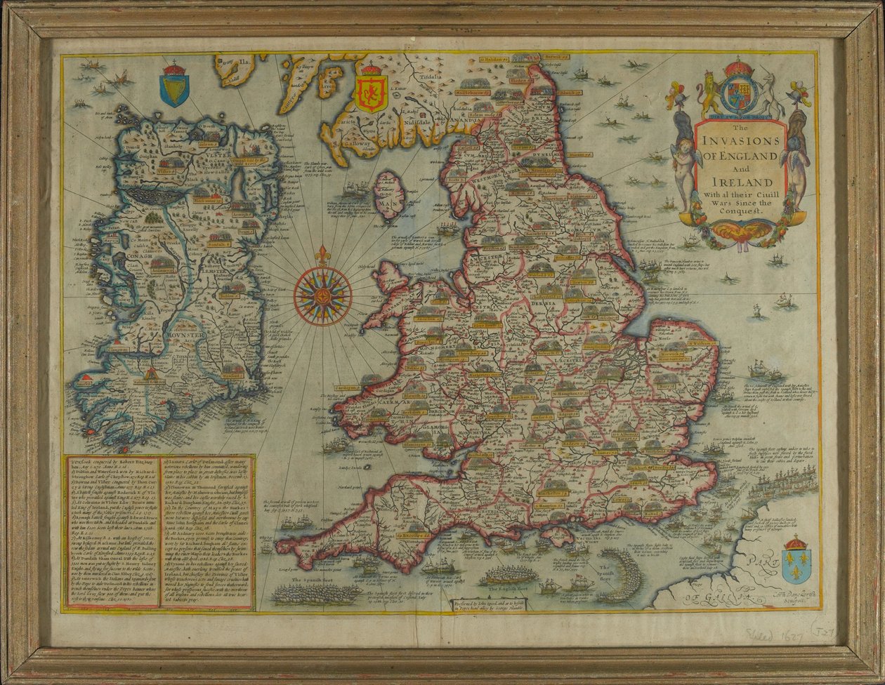 Kaart die de invasies van Engeland en Ierland toont met al hun burgeroorlogen sinds de verovering, ca. 1627 door John Speed