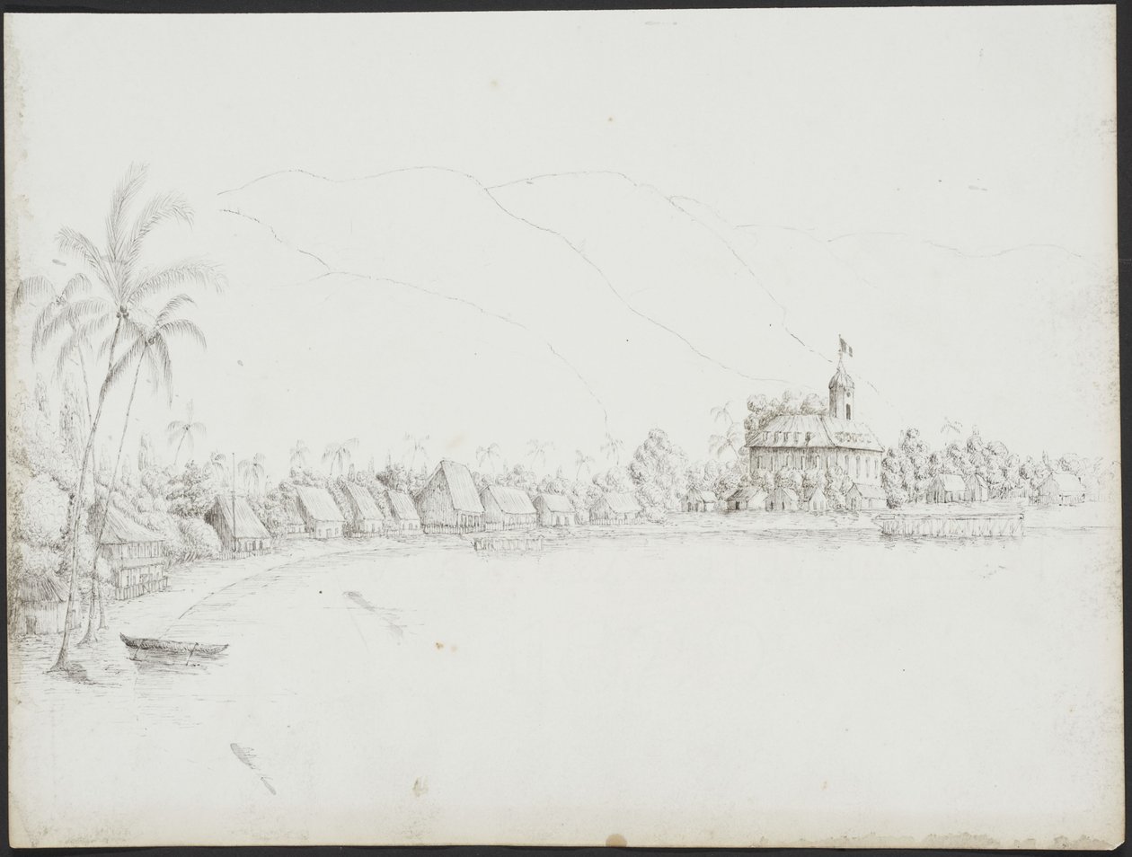 Uitzicht op Papeete vanaf de haven, november 1845 door John Speer