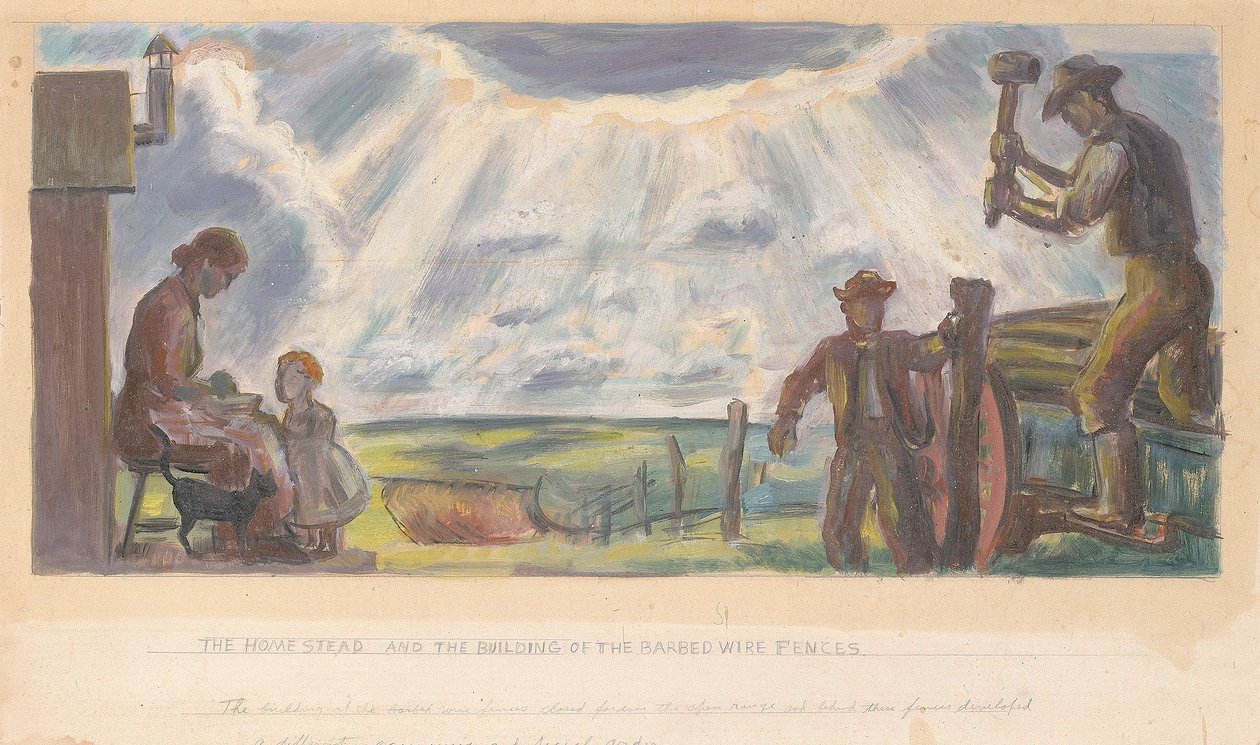 De Homestead en de bouw van prikkeldraadversperringen (Muurstudie voor interieurgebouw, General Land Office, Washington, D.C.) door John Steuart Curry