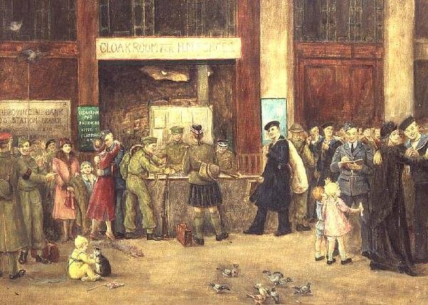 De garderobe van de strijdkrachten op Waterloo Station door John Stewart Clark