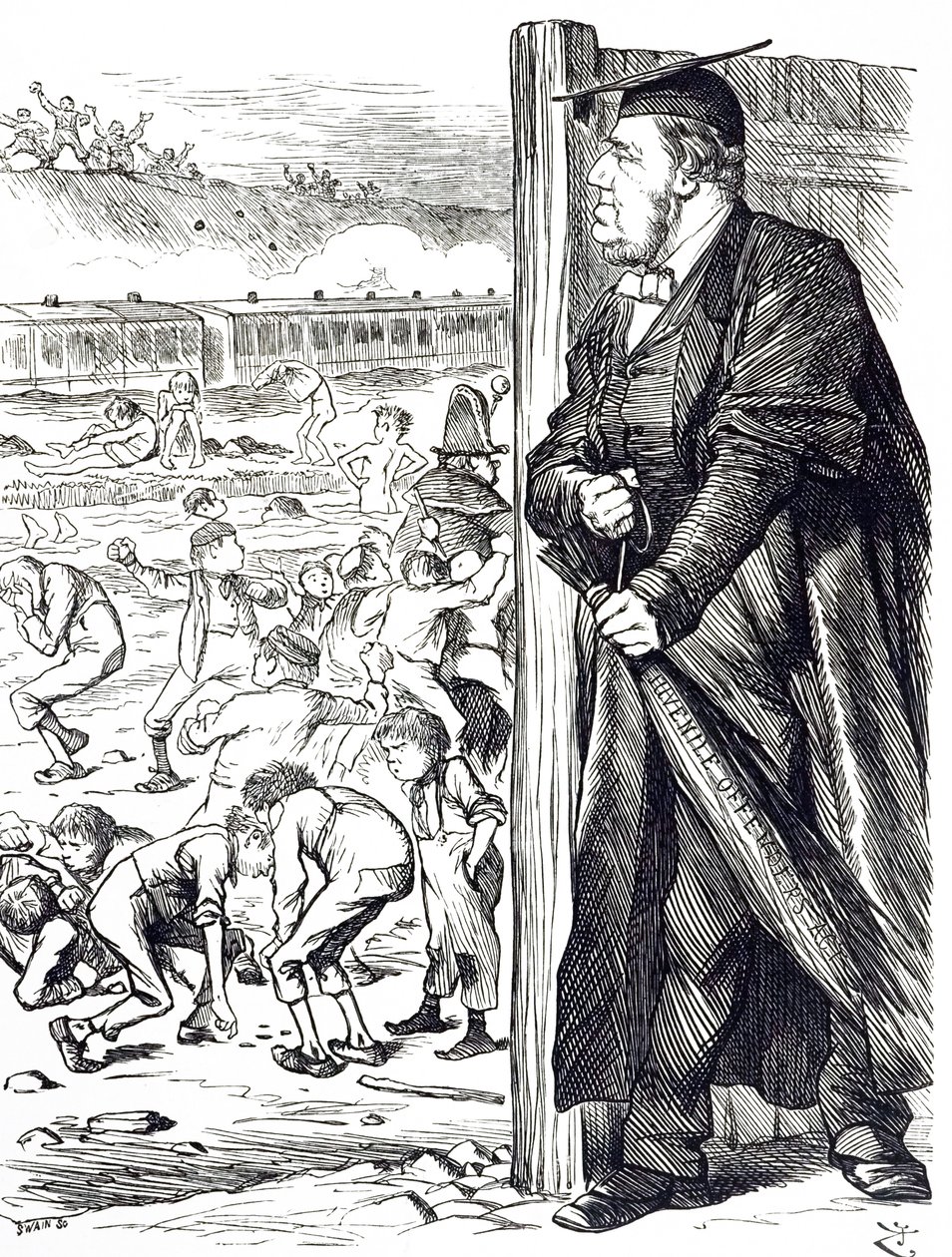 Een cartoon met William Vernon Harcourt (1827-1904) die als minister van Binnenlandse Zaken de invoering van de berk aanbeval in plaats van detentie voor jeugdige delinquenten. Geïllustreerd door John Tenniel (1820-1914) een Engelse illustrator, grafische  door John Tenniel